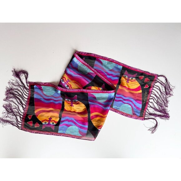 Vintage LAUREL BURCH Cat Silk Habotai Fringed 66" x 10" Rectangle Scarf - Picture 1 of 8